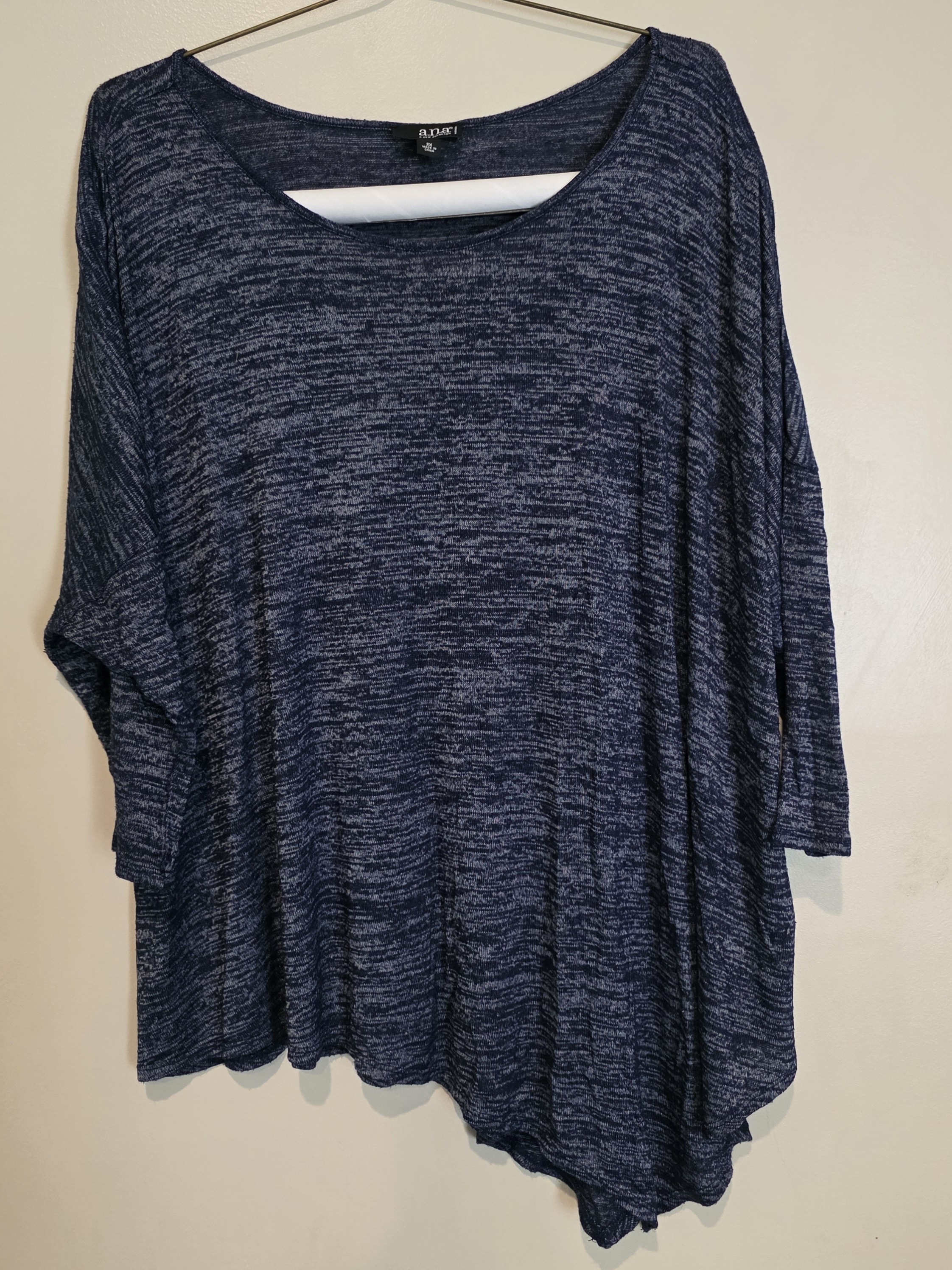 A.N.A Women's Blue White Knit Tunic Blouse 2x Dolman 3/4 Sleeve Asymmetrical